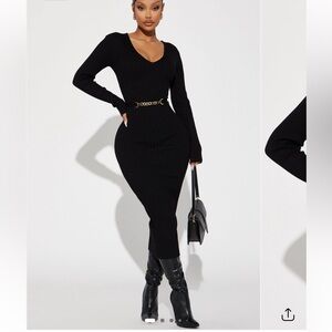 Black V-Neckline Midi Dress